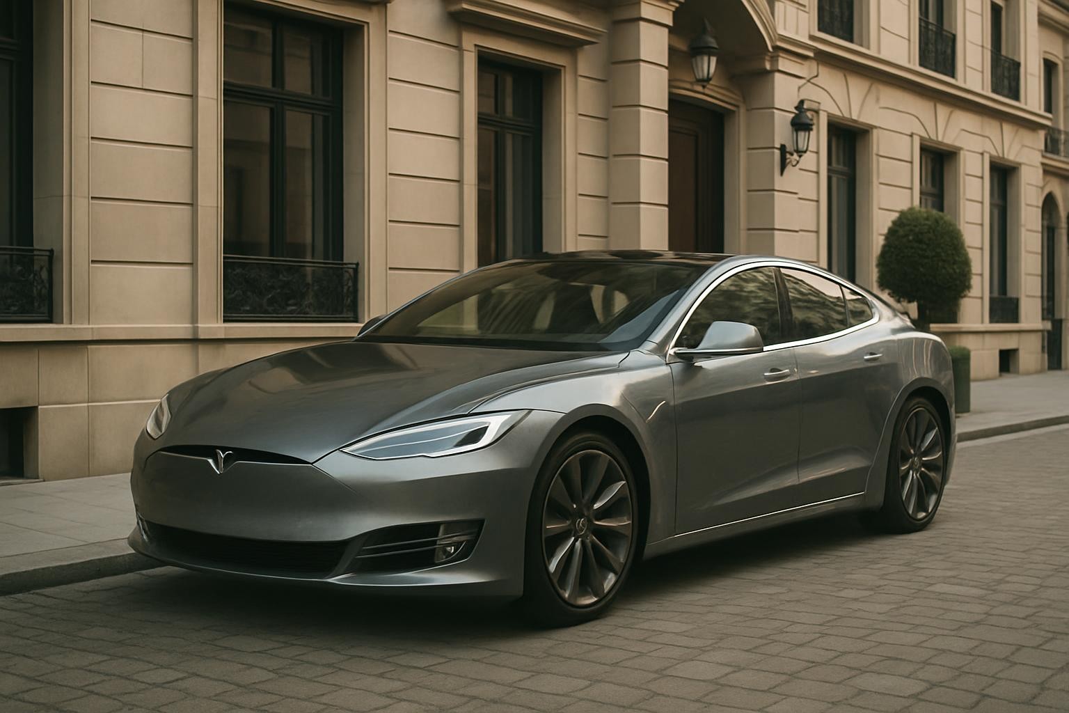 A grey Tesla Model S luxury car parked in an upscale urban setting, with no visible wheelchair ramp or accessibility features. The scene should look premium and sophisticated, highlighting the car's elegance.