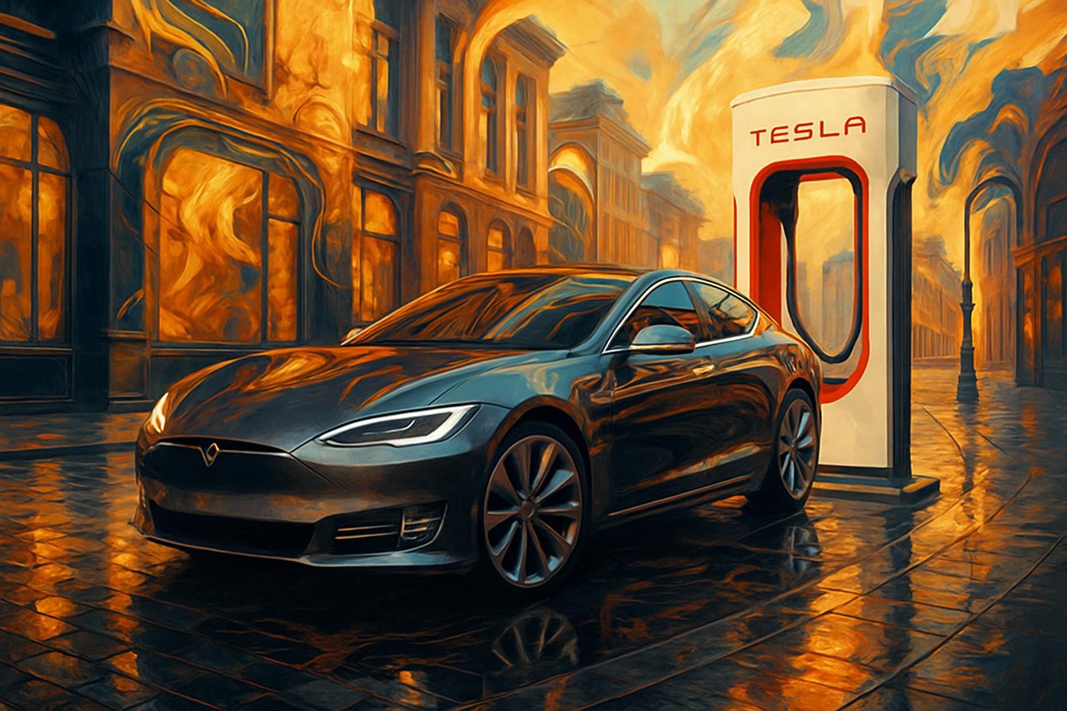 A luxurious, creative scene featuring a sleek grey Tesla Model S in an upscale city environment—no wheelchair ramp or accessibility features visible. Add unique and visually striking elements to evoke premium, modern style. Use dynamic lighting, sophisticated reflections, and artistic touches to make it stand out creatively.