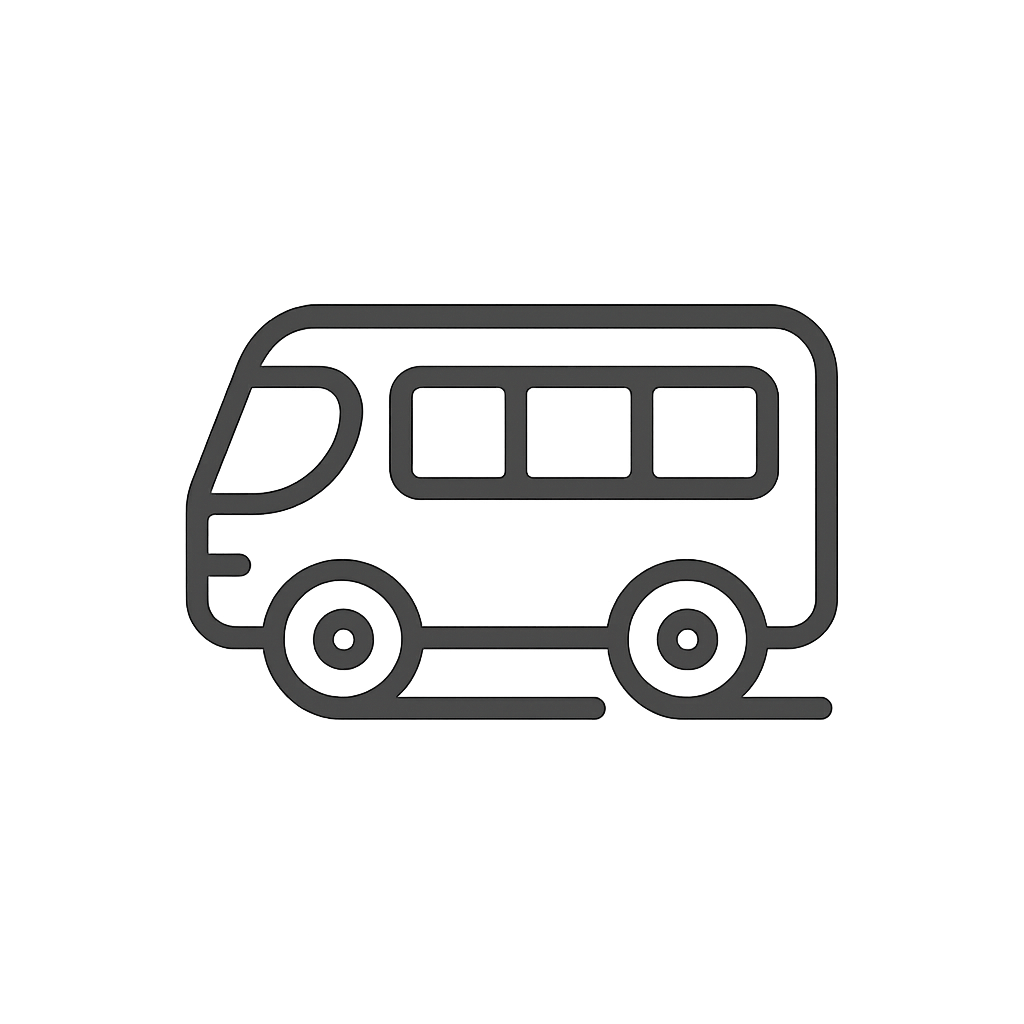 A simple line drawing of the exterior of a 1950s-style camper vehicle, with three windows and a door.