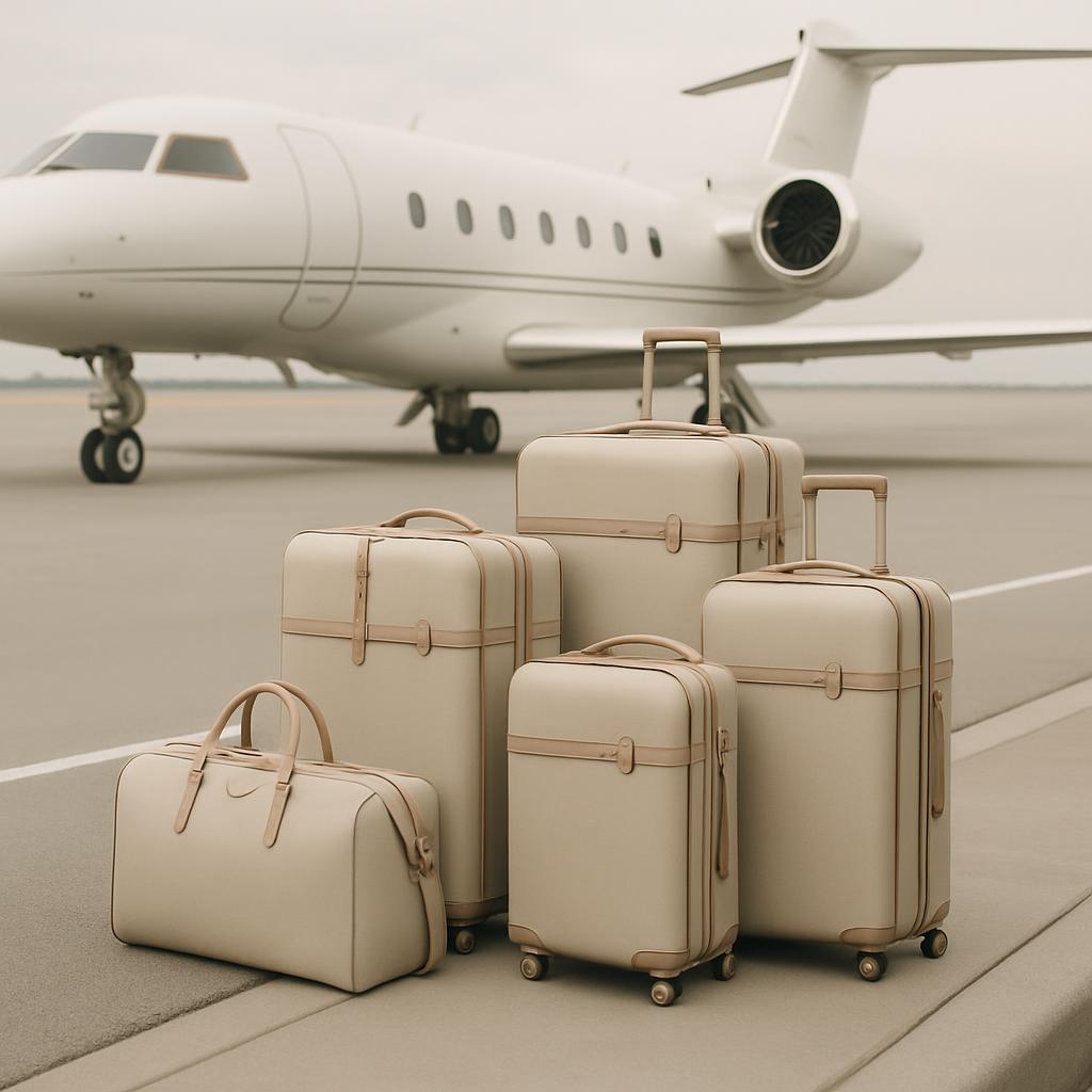 A collection of suitcases and a surrounded airplane, evoking a sense of travel and adventure.