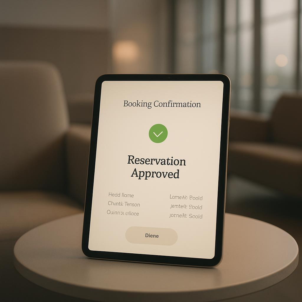 an image of a digital tablet displaying a hotel or vacation booking confirmation screen, with a green check mark in the ce...
