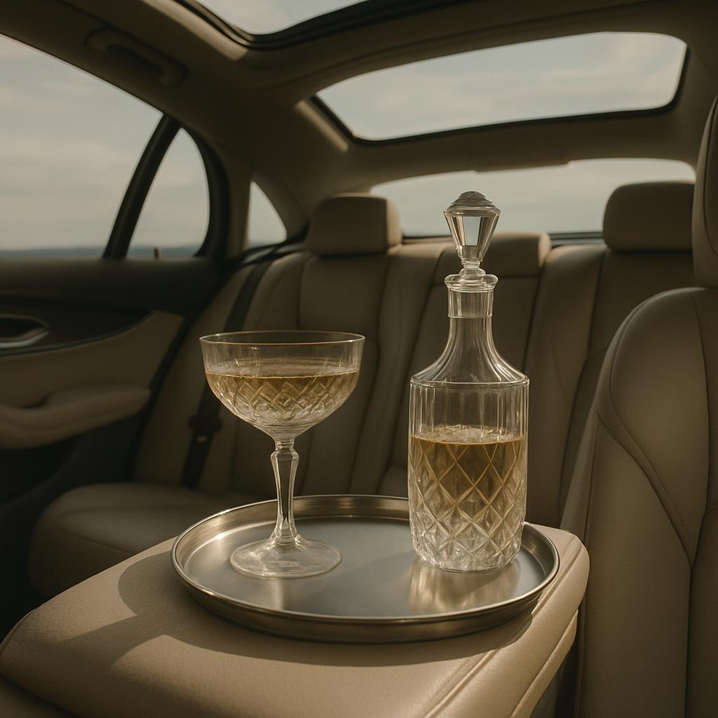 The glass vessel and crystal glass sit atop a metal tray in the backseat of a car, immersed in natural light. - accessory,...